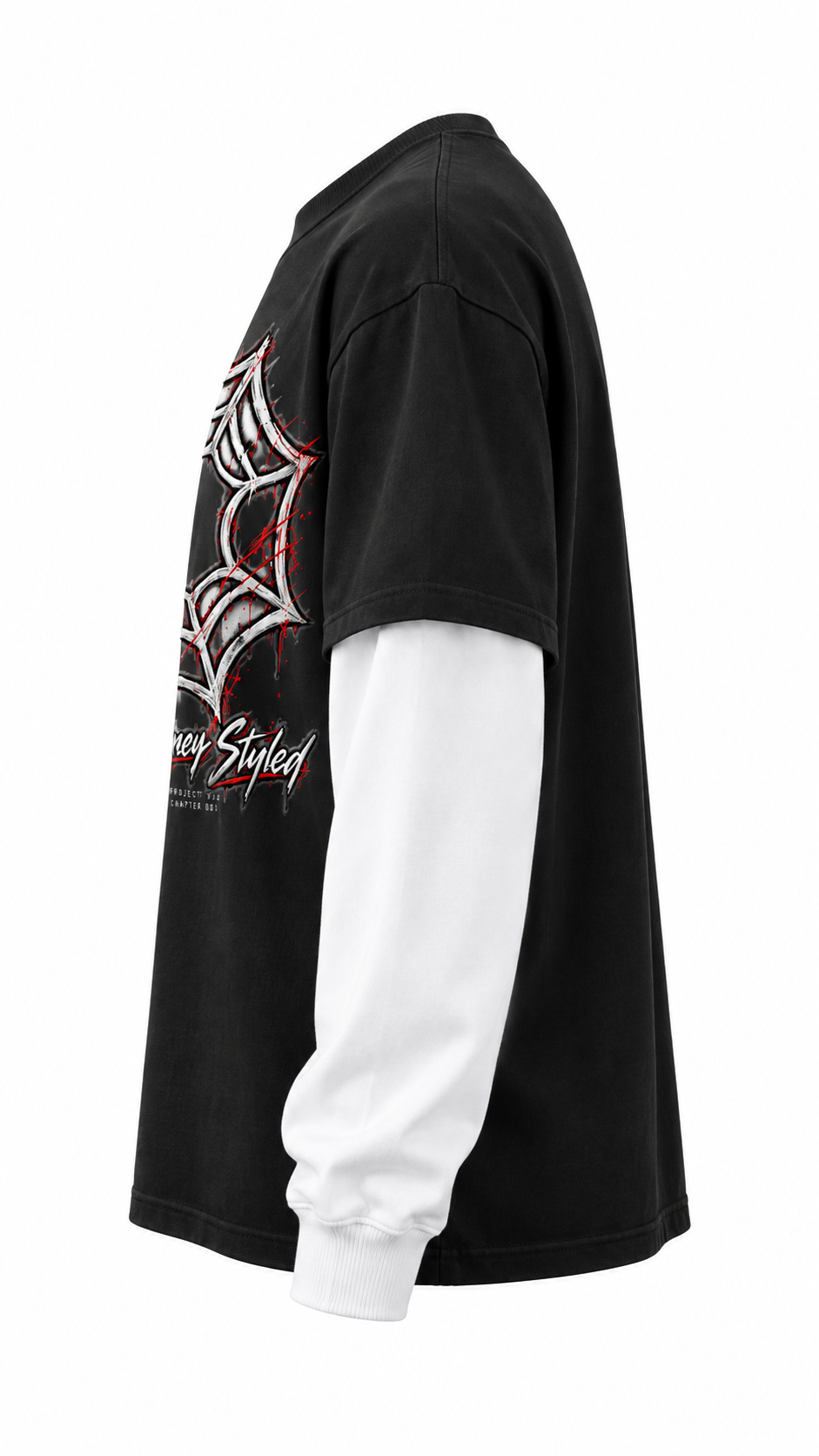 Project MJS Origin Layered Tee, Onyx and Chalk, side profile view