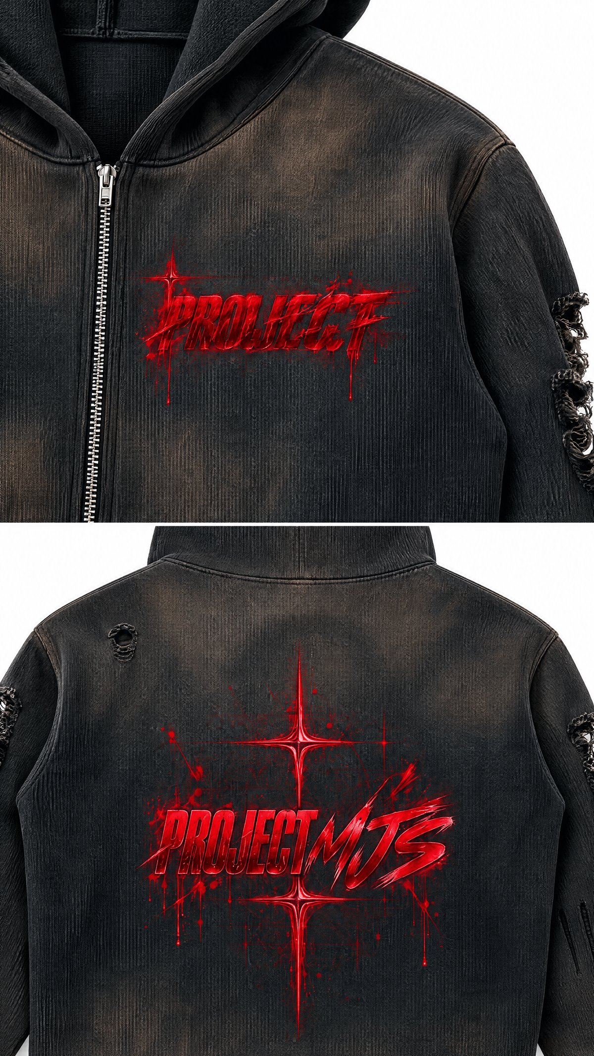 Washed Black | Branding Fabric Detail | PROJECT MJS DISTRESSED ZIP HOODIE