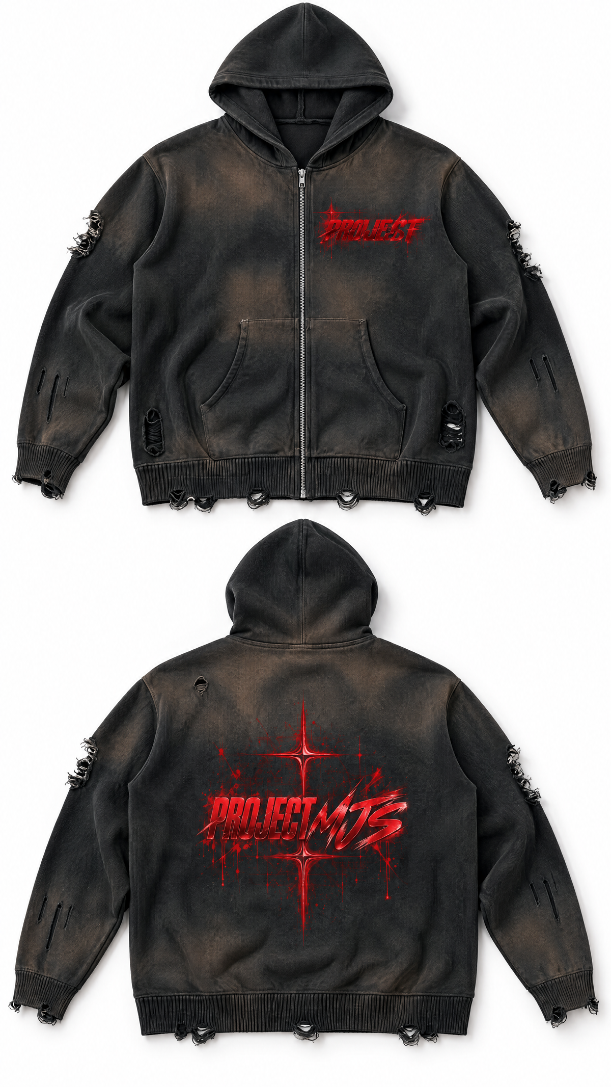 Washed Black | Editorial Flat Lay | PROJECT MJS DISTRESSED ZIP HOODIE