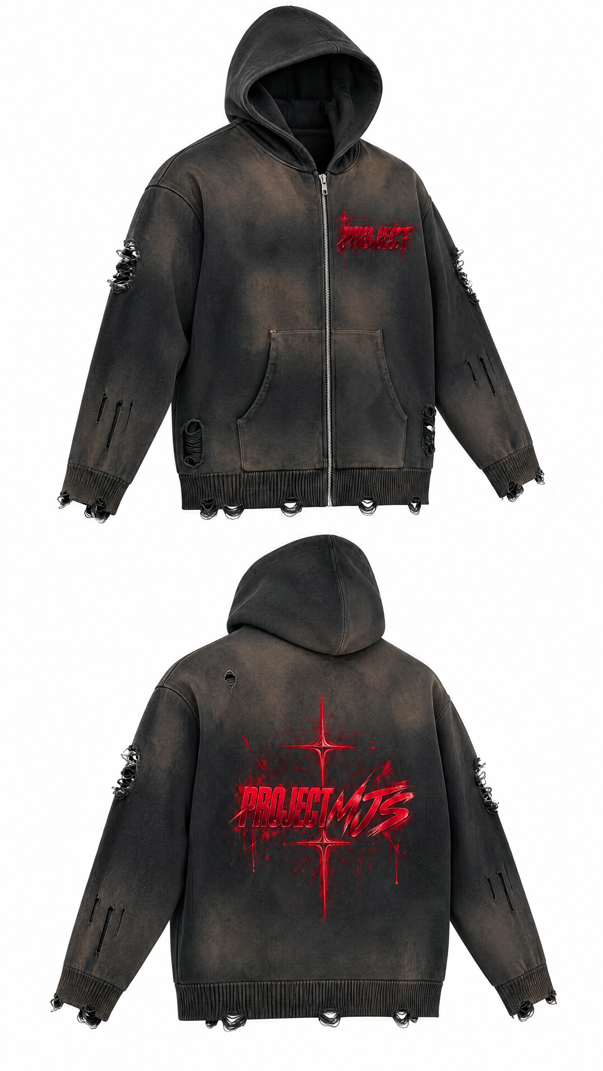Washed Black | Front Left 3D | PROJECT MJS DISTRESSED ZIP HOODIE