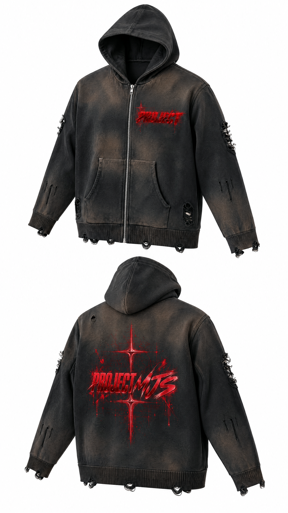 Washed Black | Front Right 3D | PROJECT MJS DISTRESSED ZIP HOODIE