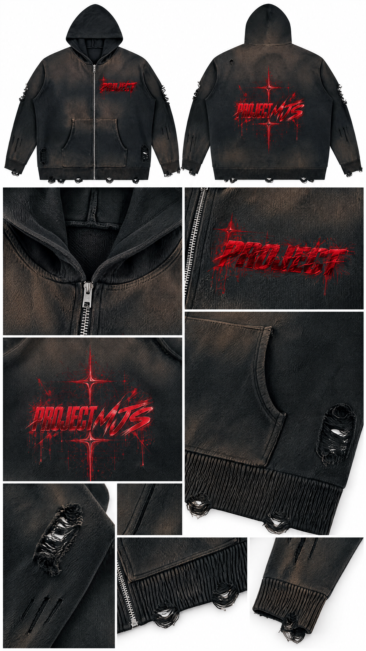 Washed Black | Zipper Pocket Distress Detail | PROJECT MJS DISTRESSED ZIP HOODIE