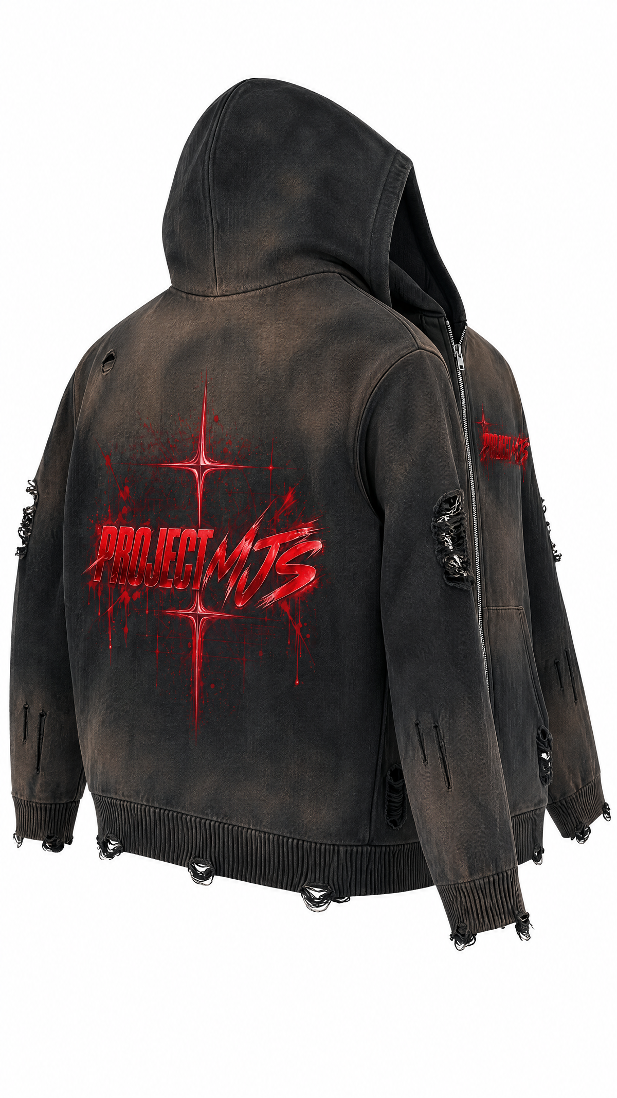 Washed Black | Rear Left 3D | PROJECT MJS DISTRESSED ZIP HOODIE