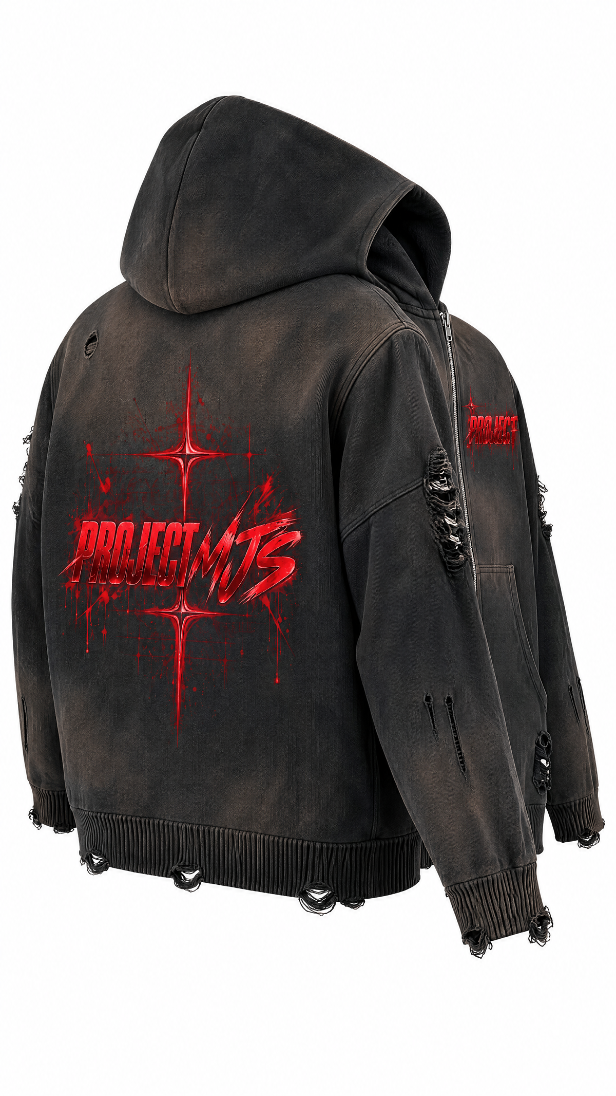 Washed Black | Rear Right 3D | PROJECT MJS DISTRESSED ZIP HOODIE