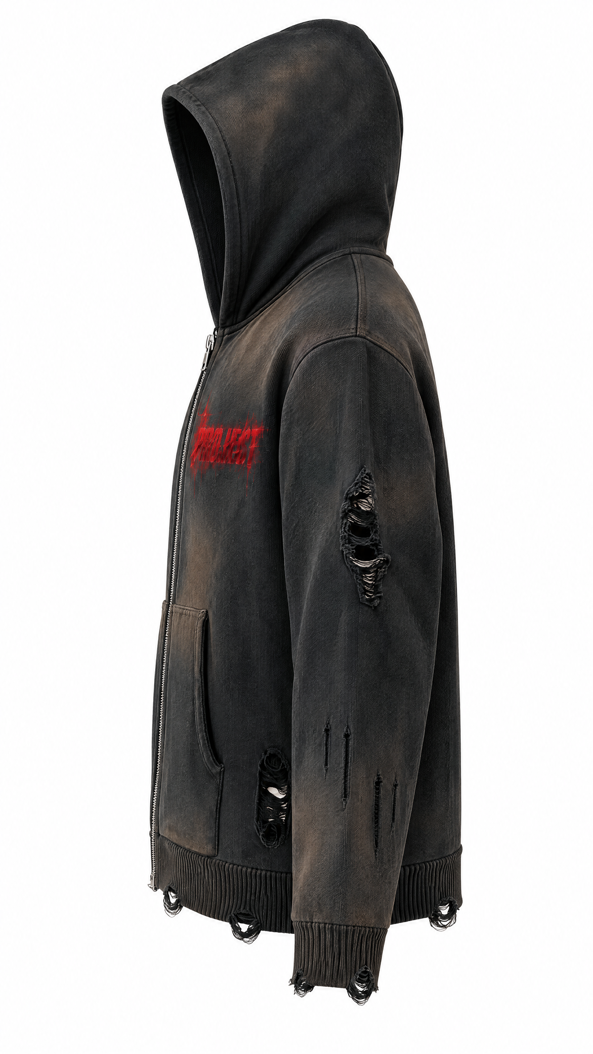 Washed Black | Side Construction | PROJECT MJS DISTRESSED ZIP HOODIE