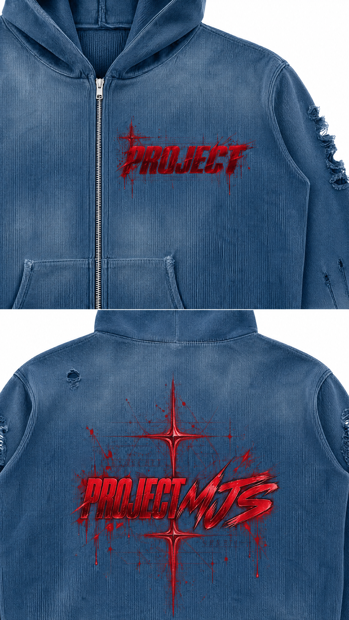 Washed Blue | Branding Fabric Detail | PROJECT MJS DISTRESSED ZIP HOODIE