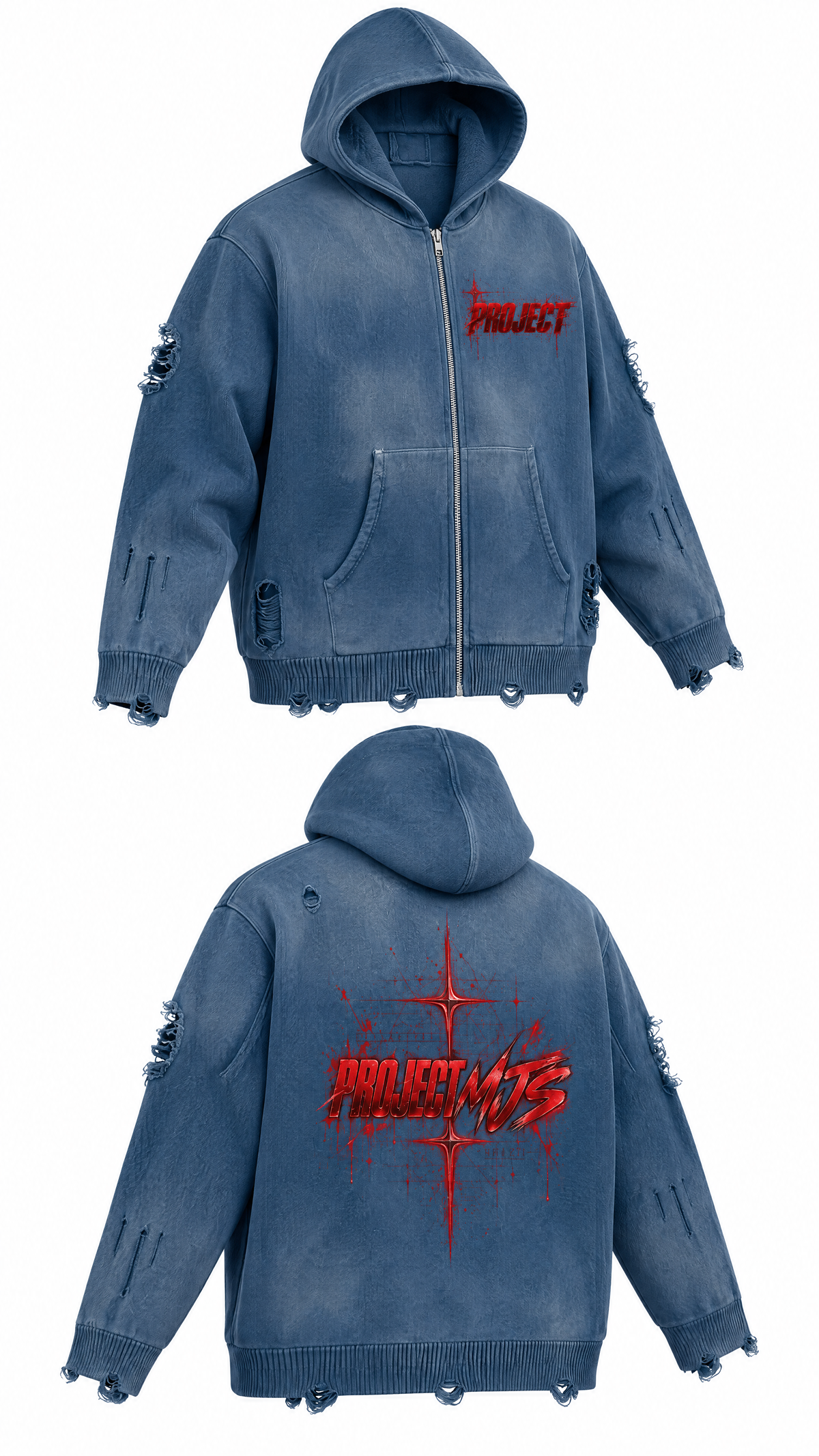 Washed Blue | Front Left 3D | PROJECT MJS DISTRESSED ZIP HOODIE