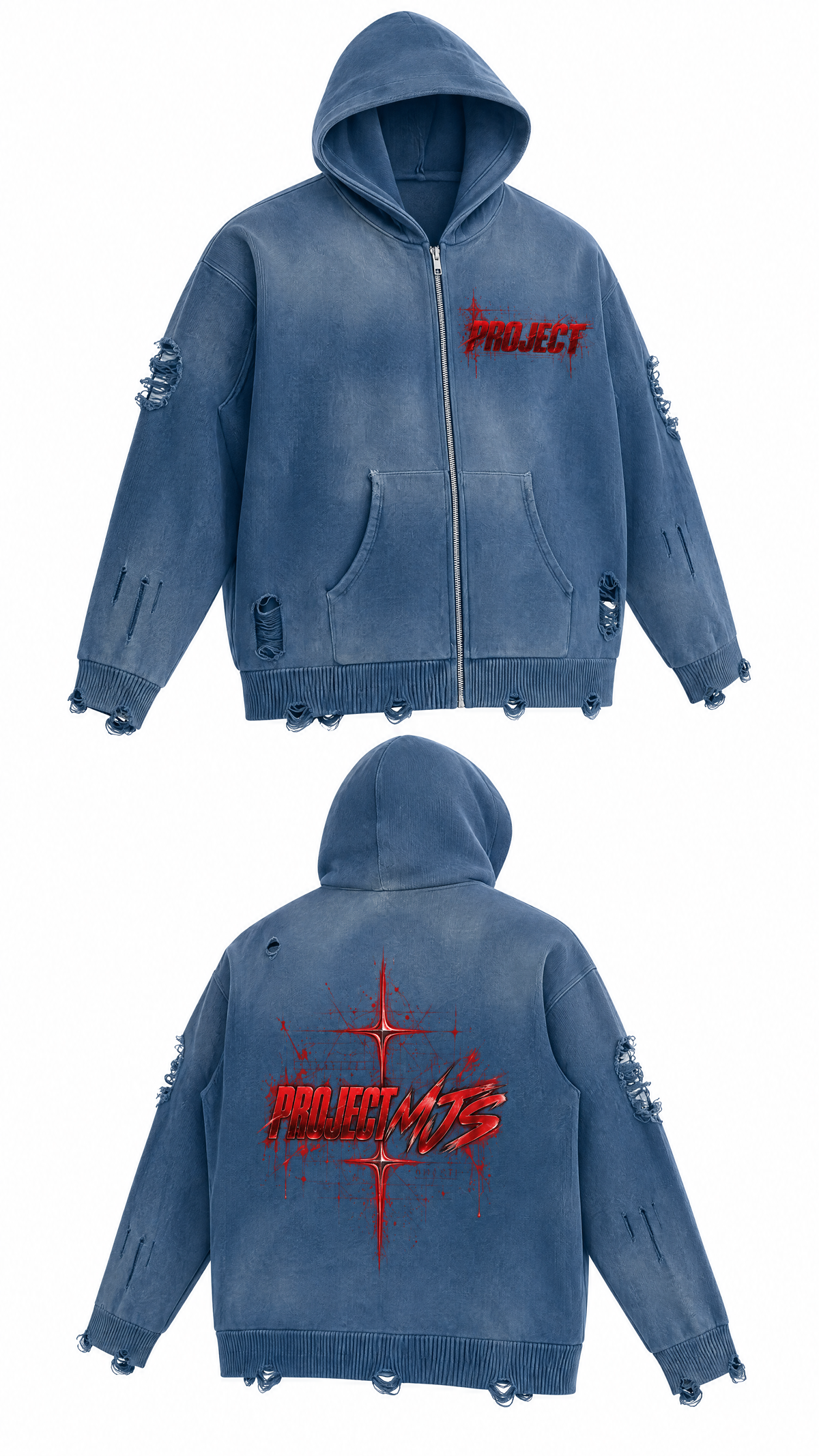 Washed Blue | Front Right 3D | PROJECT MJS DISTRESSED ZIP HOODIE