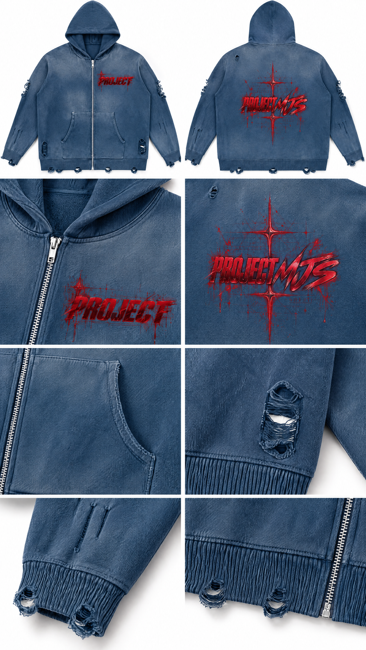 Washed Blue | Zipper Pocket Distress Detail | PROJECT MJS DISTRESSED ZIP HOODIE