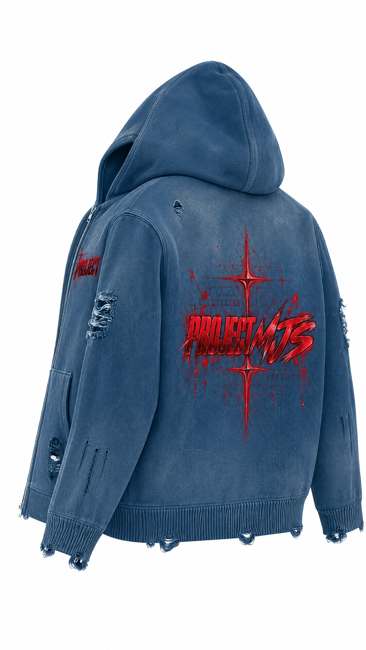 Washed Blue | Rear Left 3D | PROJECT MJS DISTRESSED ZIP HOODIE