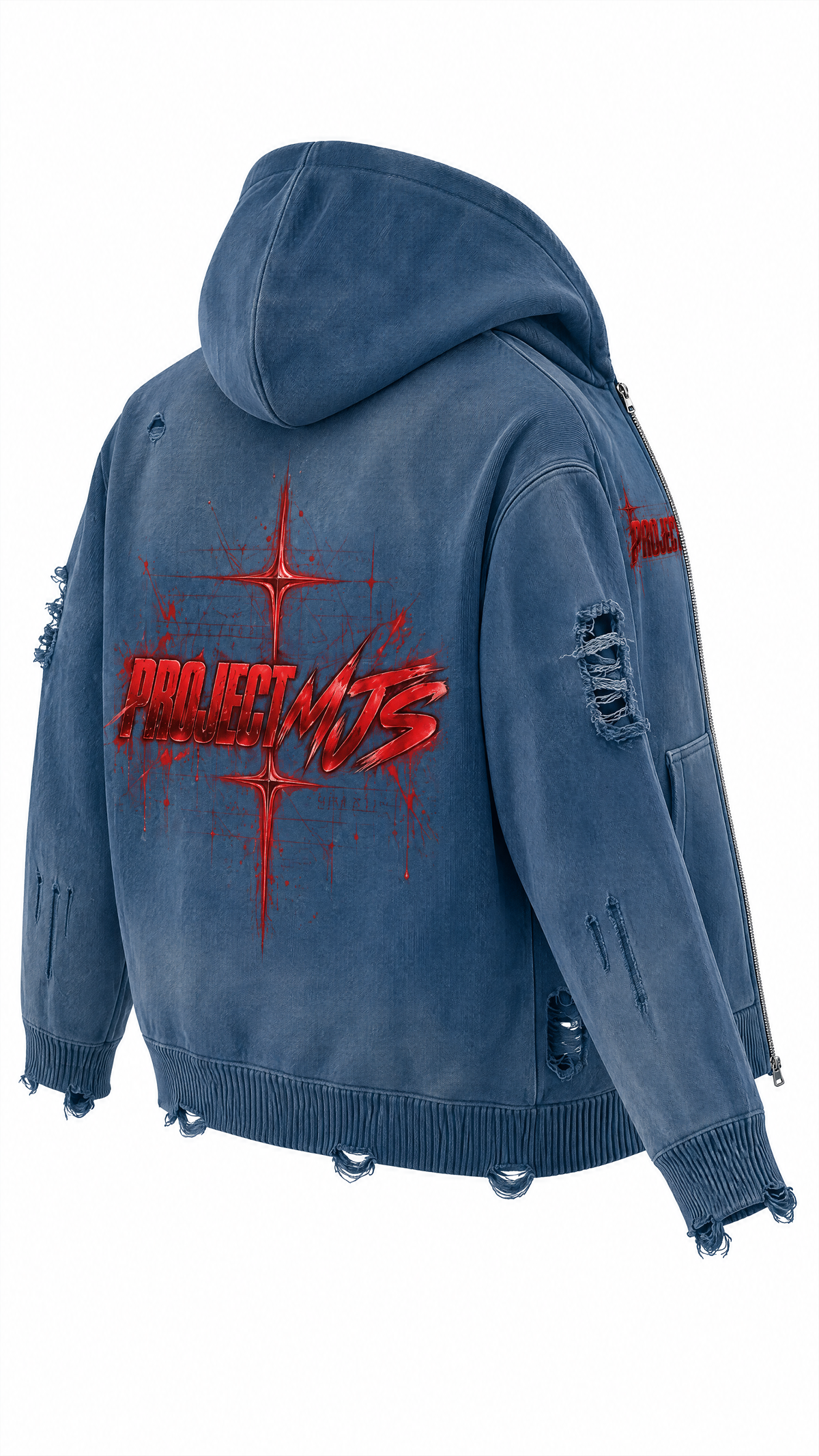 Washed Blue | Rear Right 3D | PROJECT MJS DISTRESSED ZIP HOODIE
