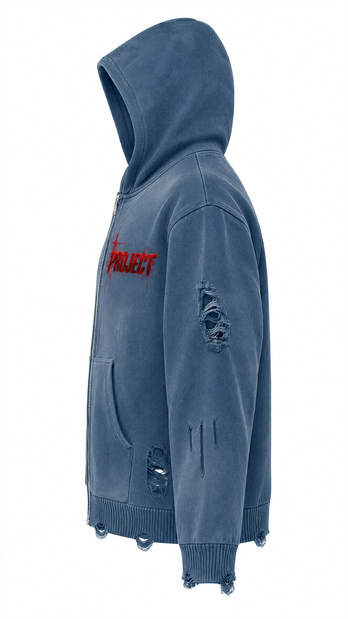 Washed Blue | Side Construction | PROJECT MJS DISTRESSED ZIP HOODIE