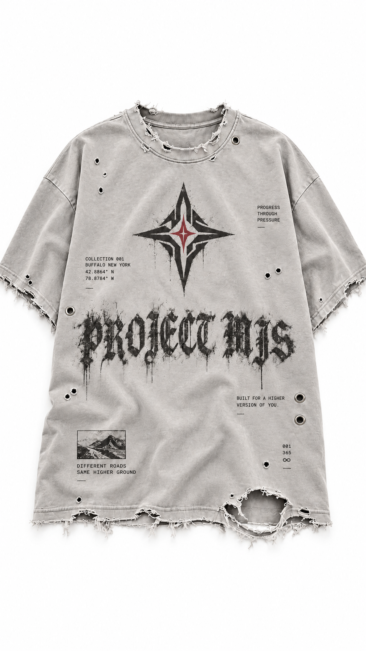 Project MJS Distressed Tee editorial flat lay