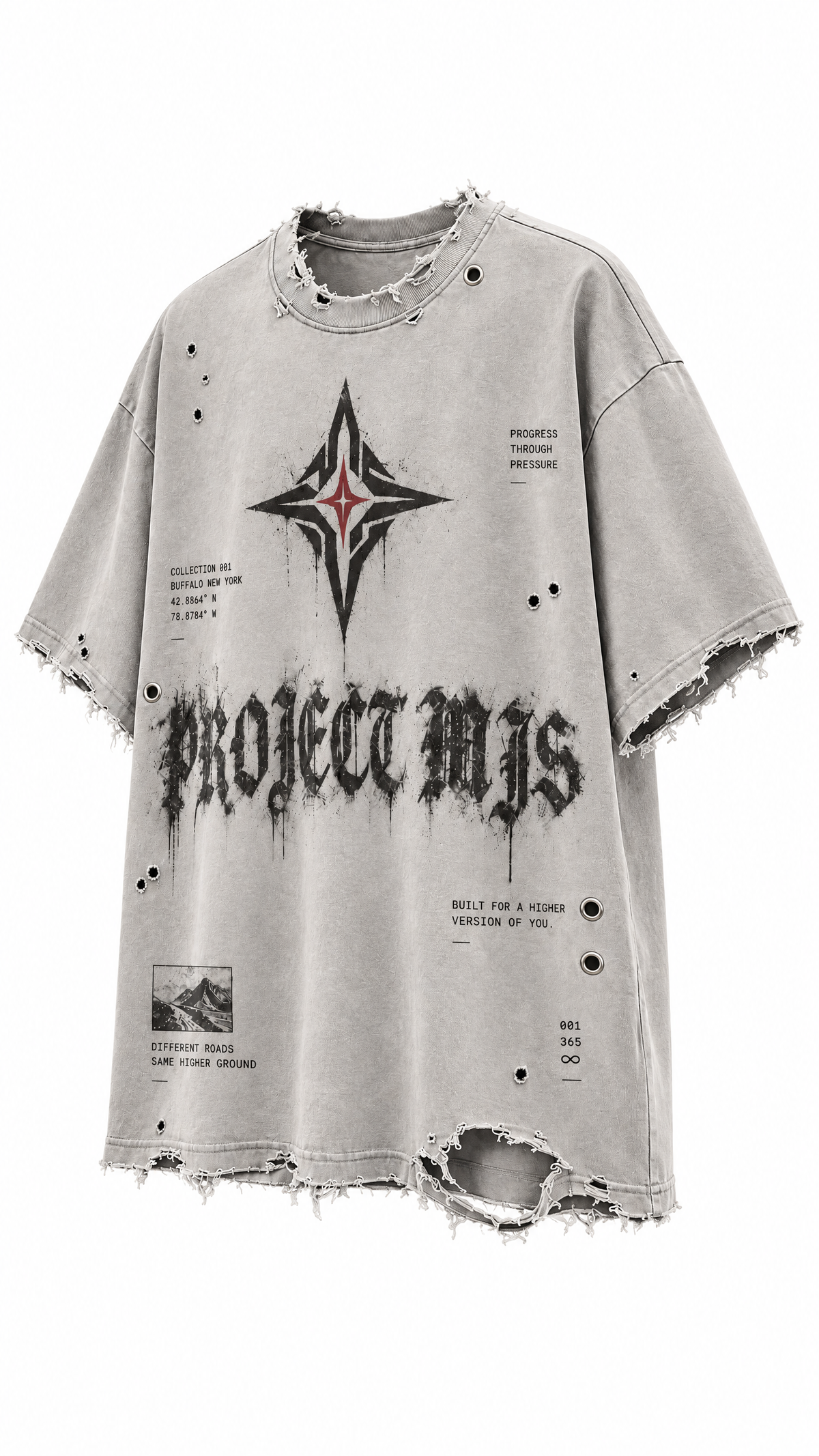 Project MJS Distressed Tee front-left three-quarter view