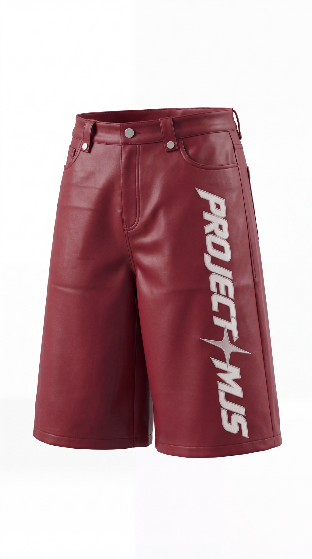 Project MJS Embroidered Logo Shorts - Oxblood front-left 3D view on pure white