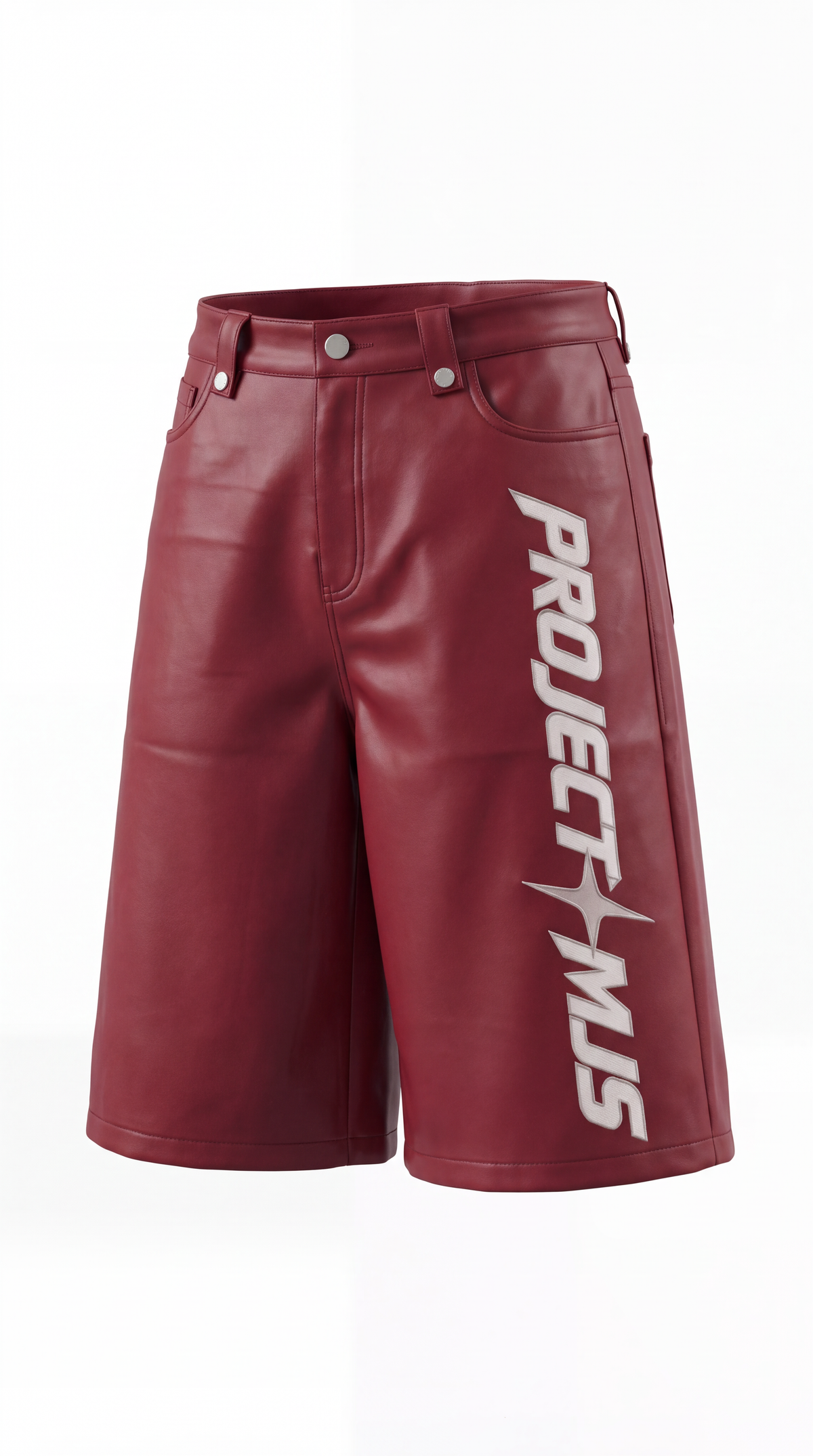 Project MJS Embroidered Logo Shorts - Oxblood front-left 3D view on pure white