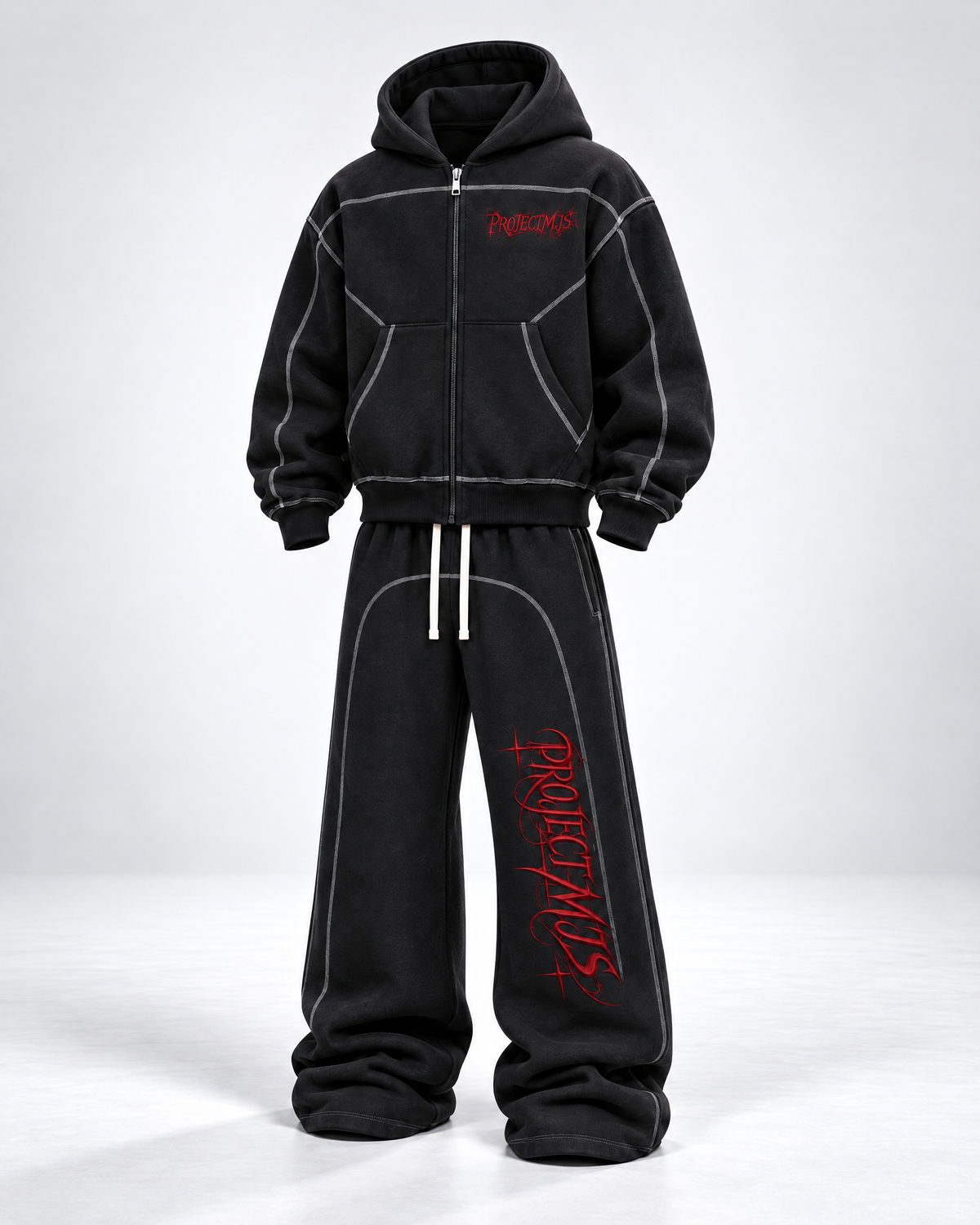 Project MJS Contrast-Stitched Fleece Set Black three-quarter view