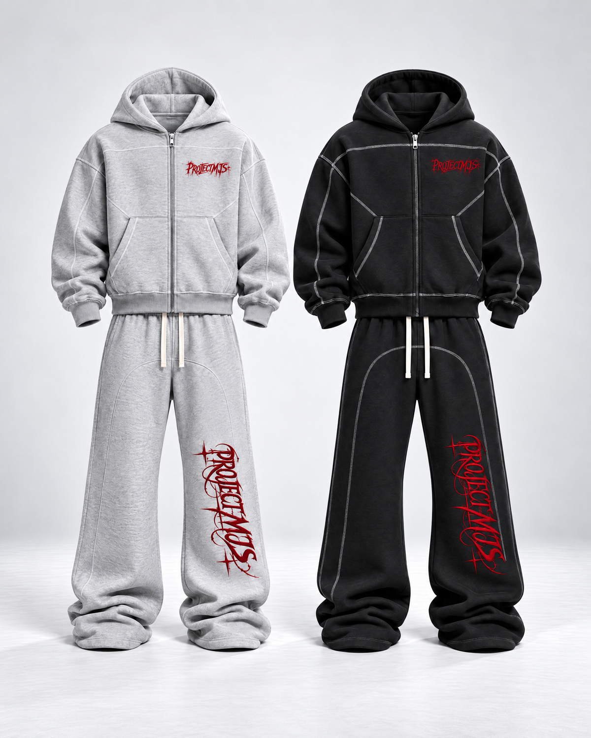 Project MJS Contrast-Stitched Fleece Set Heather Gray and Black colorways