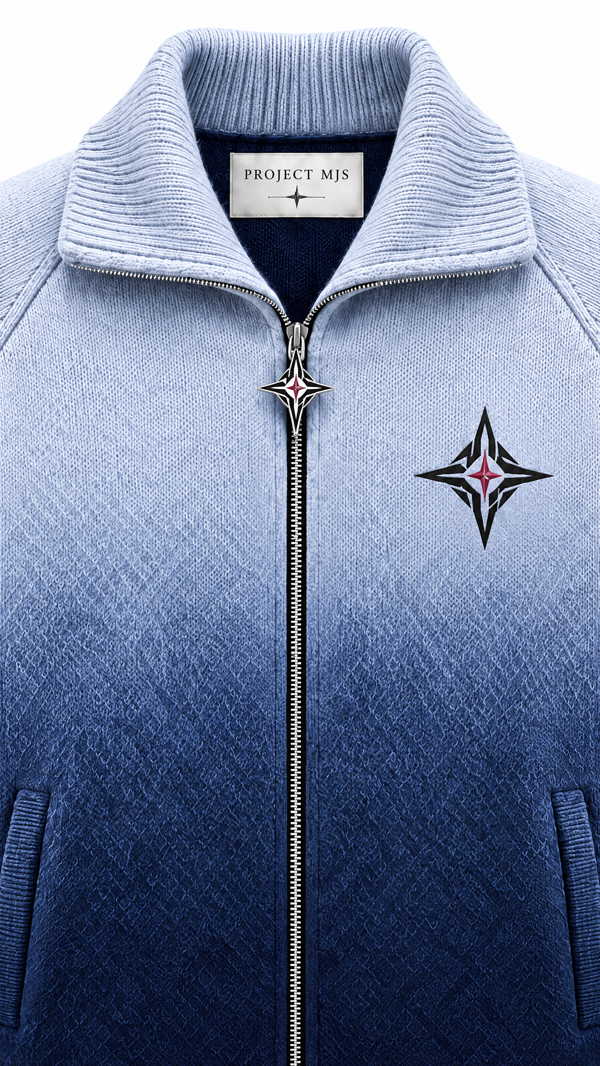Project MJS Ombre Knit Jacket zipper knit and emblem detail