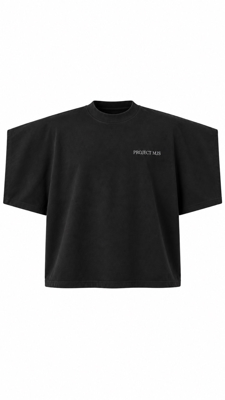 Project MJS black oversized statement tee, full front construction view