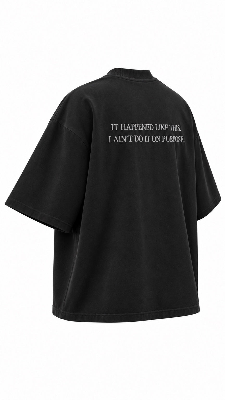 Project MJS black oversized statement tee, rear three-quarter angle