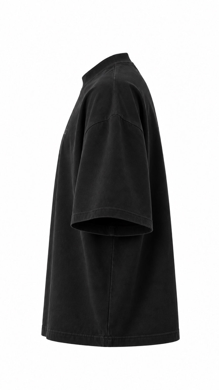 Project MJS black oversized statement tee, side construction view