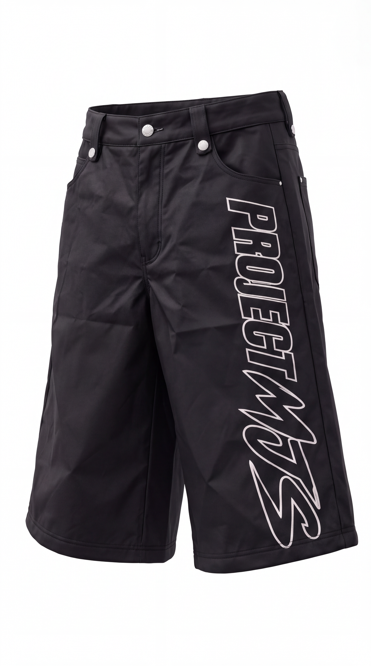 Project MJS Outline Logo Shorts - Black front-left 3D view on pure white