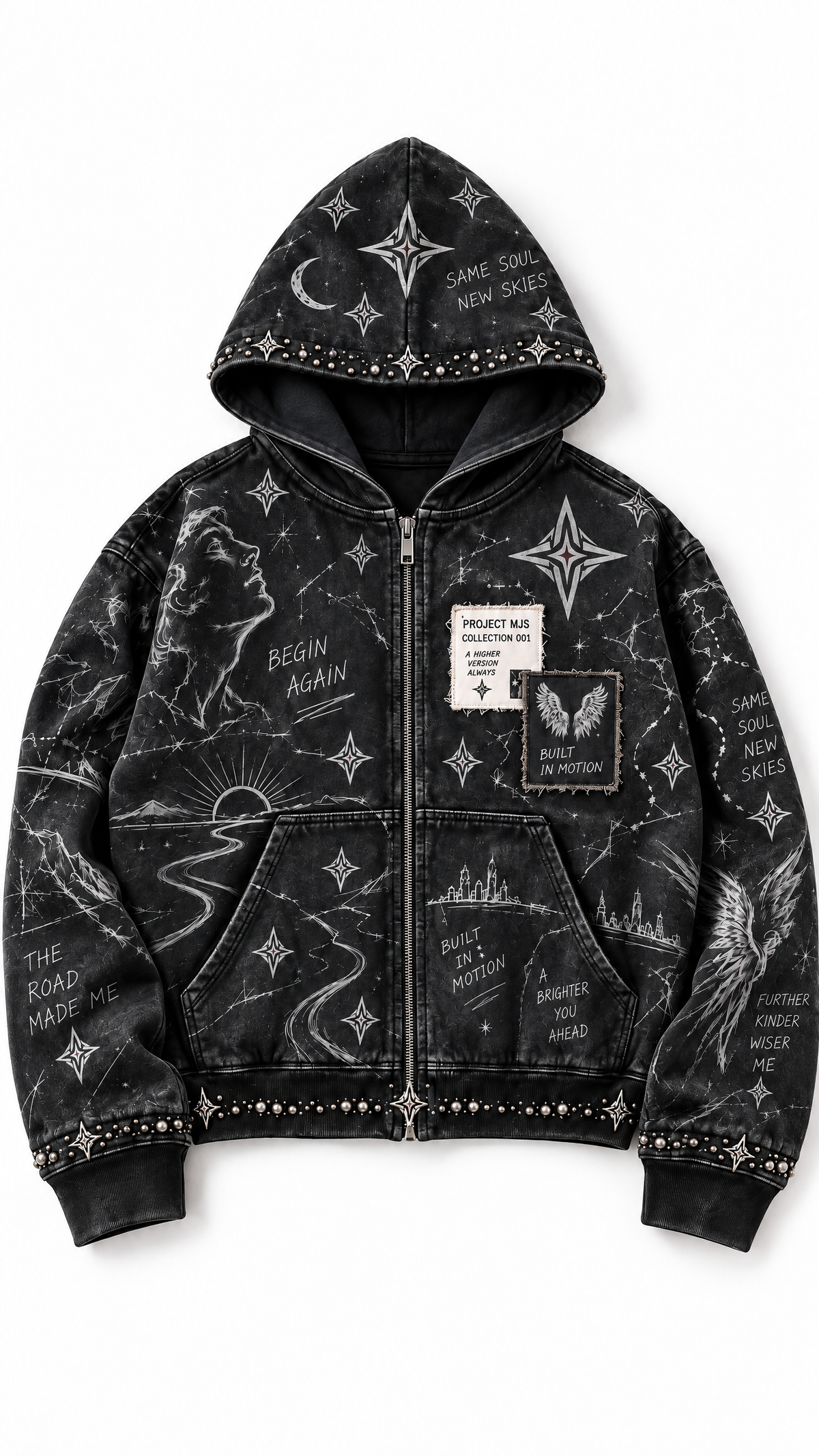 Project MJS Rhinestone Hoodie editorial flat lay