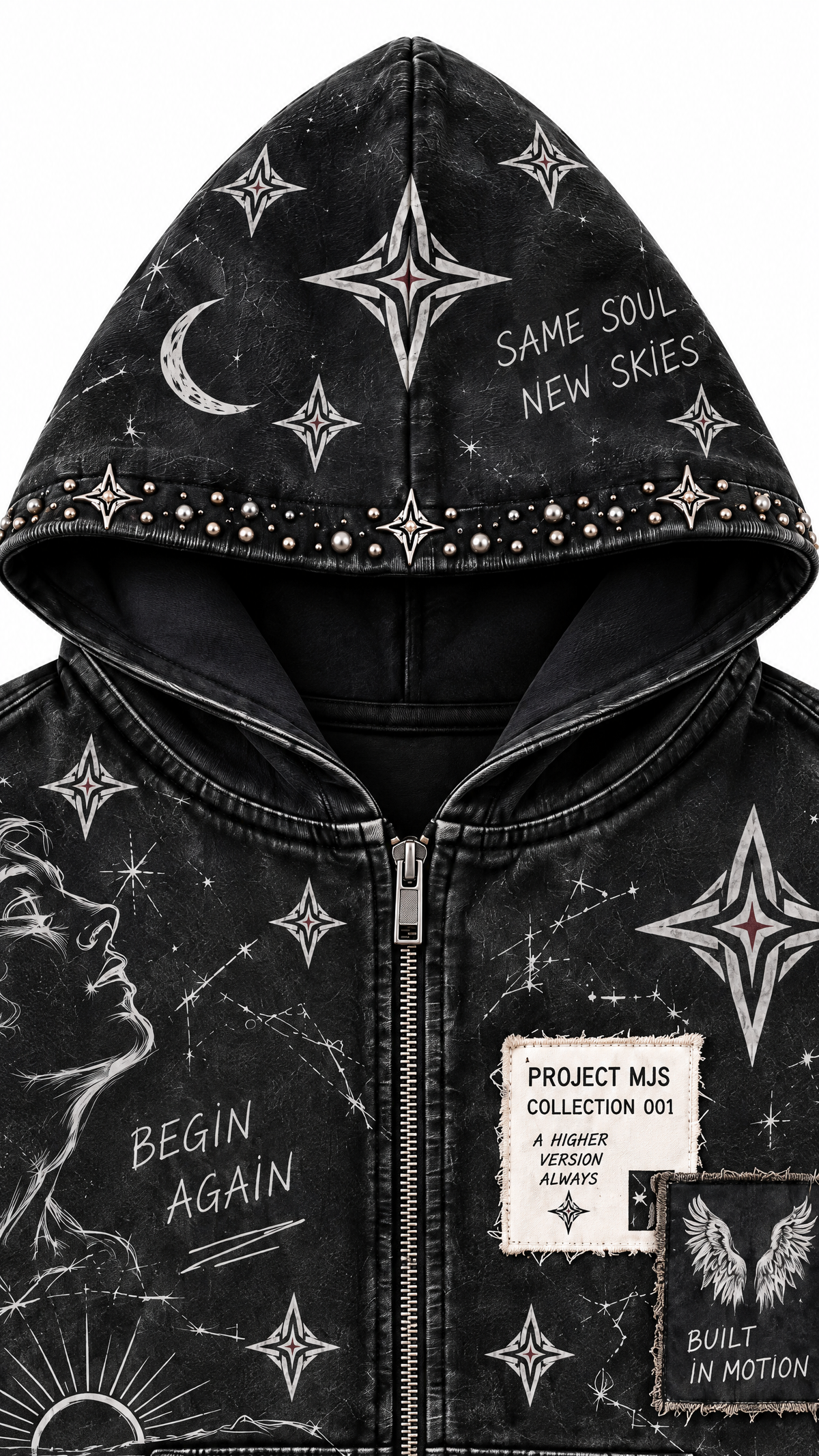 Project MJS Rhinestone Hoodie hood and upper-front detail