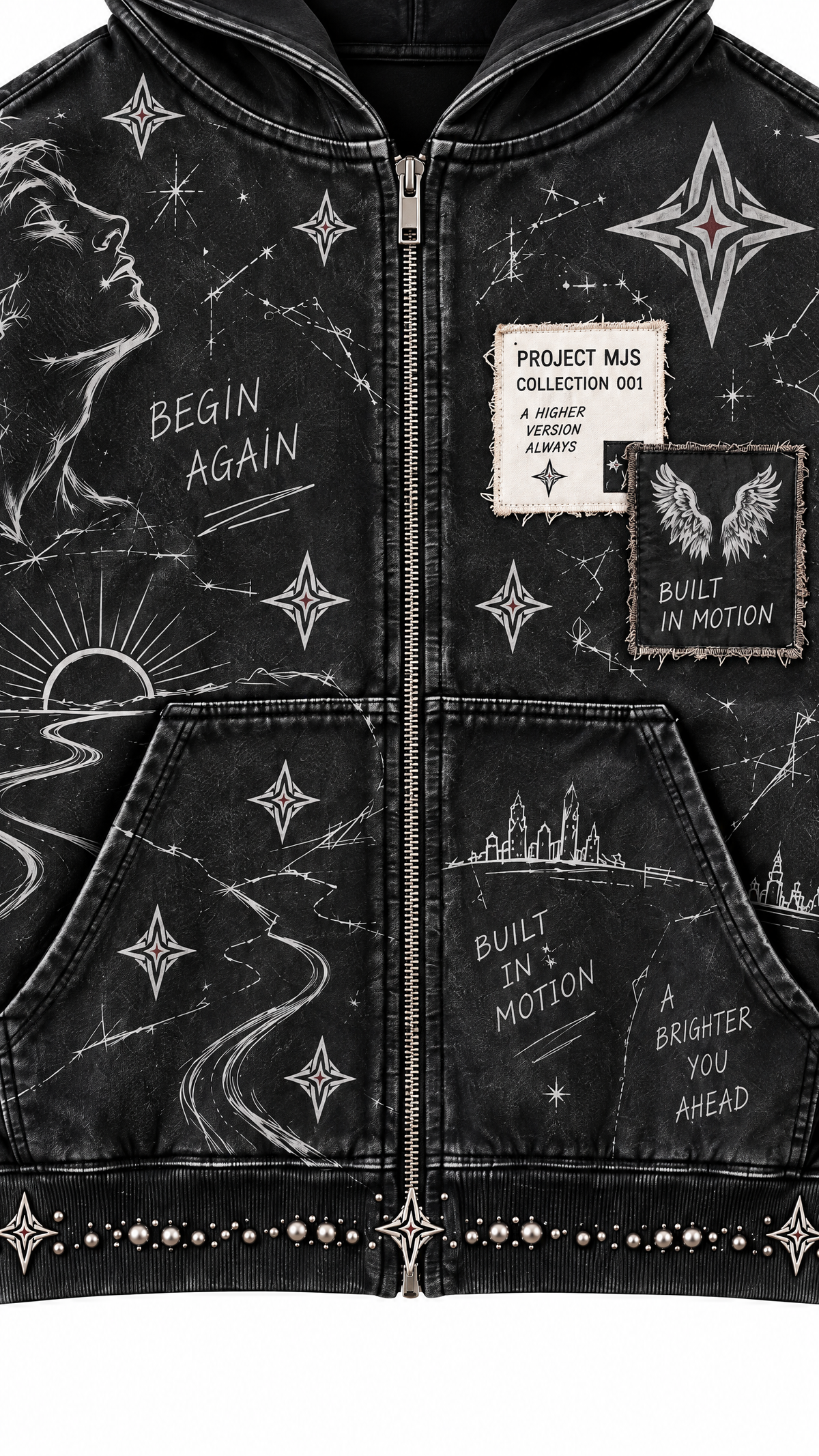 Project MJS Rhinestone Hoodie patches pocket and hem detail